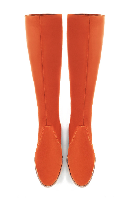 Clementine orange women's riding knee-high boots. Round toe. Low leather soles. Made to measure. Top view - Florence KOOIJMAN